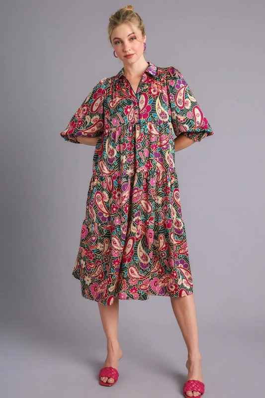 Umgee Full Size Paisley Print Satin Tiered Midi Dress Plus Size - Eva's Edition
