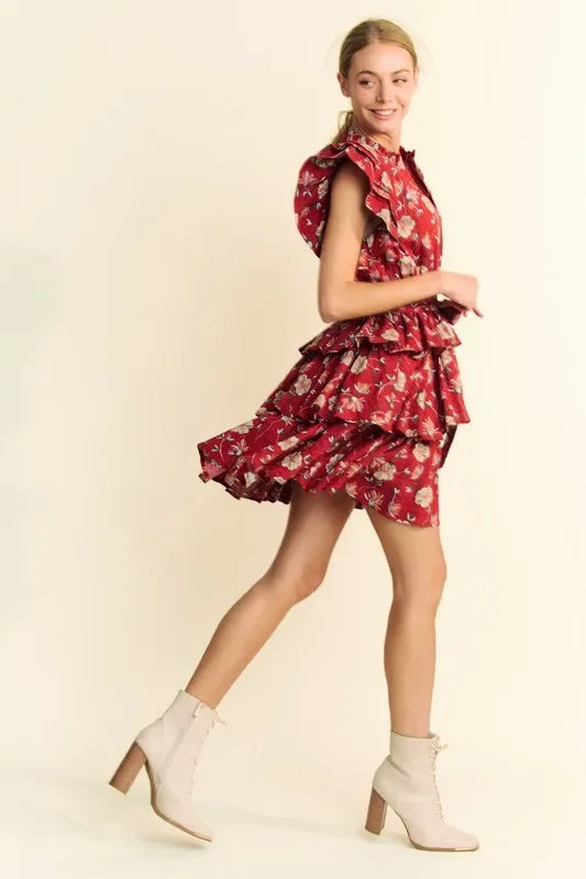 Ruffle Flutter Sleeve Tie Belt Tiered Mini Dress - Eva's Edition