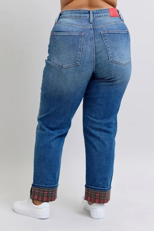 Plaid Print Cuff Bf Jeans Plus Size - Eva's Edition