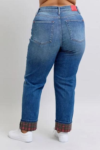 Plaid Print Cuff Bf Jeans Plus Size - Eva's Edition