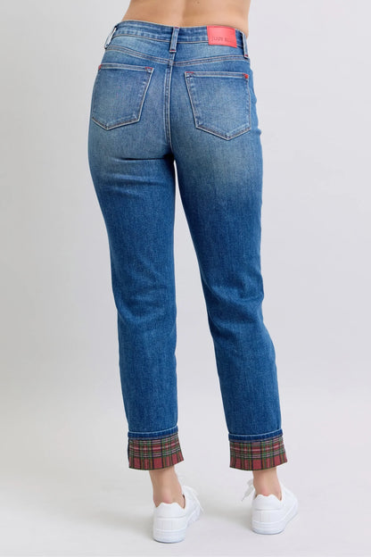 Plaid Print Cuff Bf Jeans Plus Size - Eva's Edition