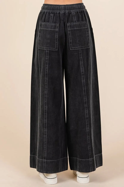 Wide Leg Elastic Waist Twill Pants - Eva's Edition
