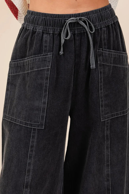 Wide Leg Elastic Waist Twill Pants - Eva's Edition
