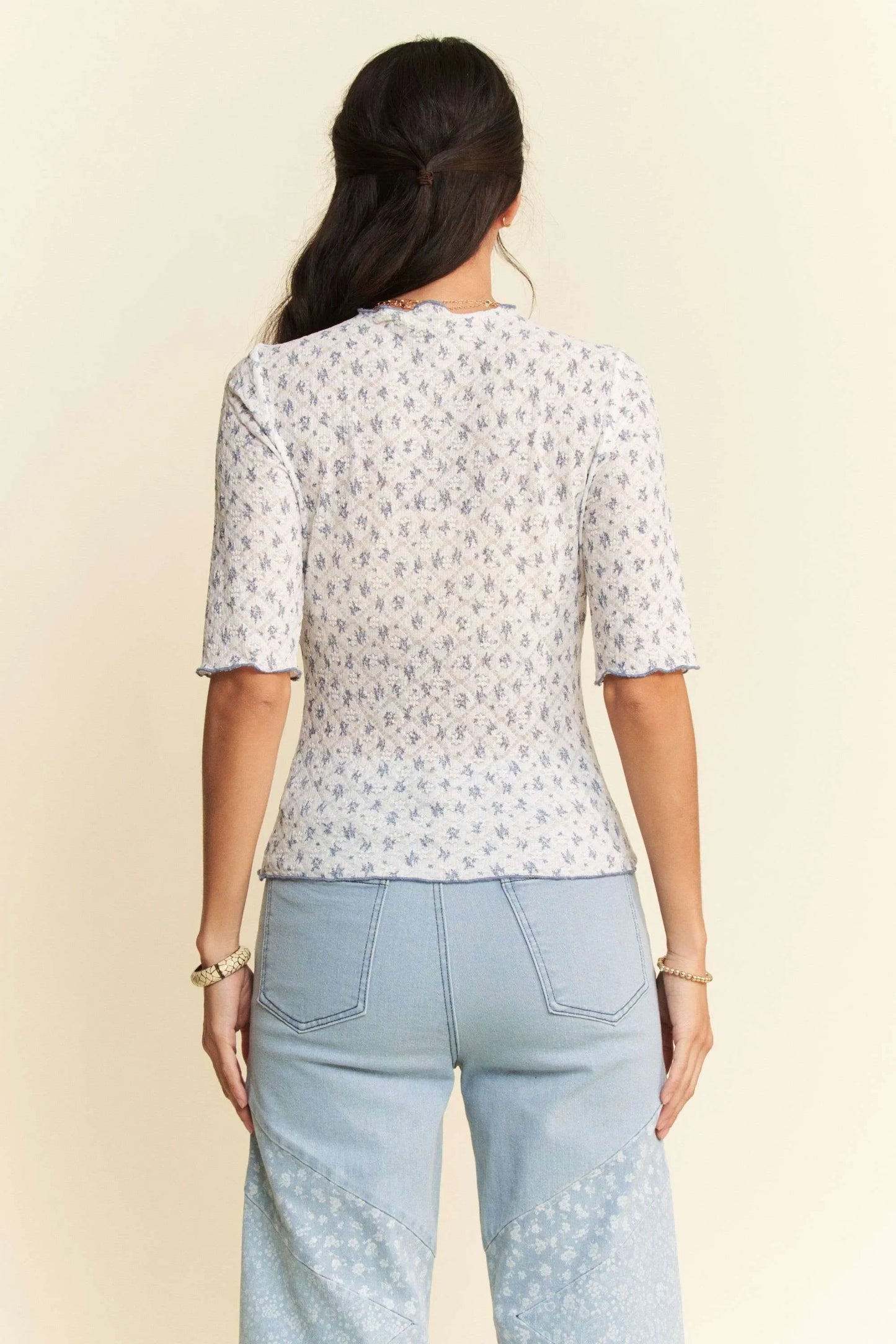 Laced Stretch Floral Marrow Edge Half Sleeve Top - Eva's Edition