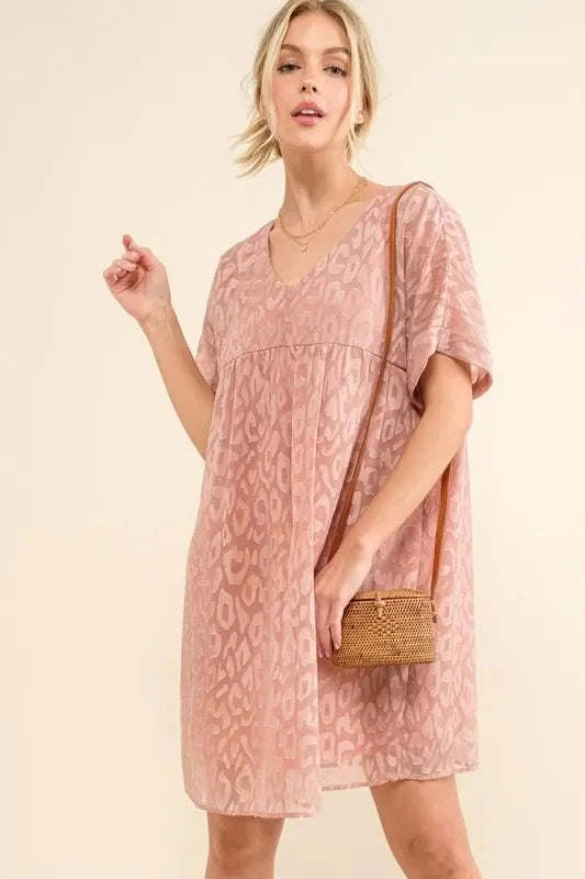 Woven Leopard Baby Doll Roll-Sleeve Casual Dress - Eva's Edition