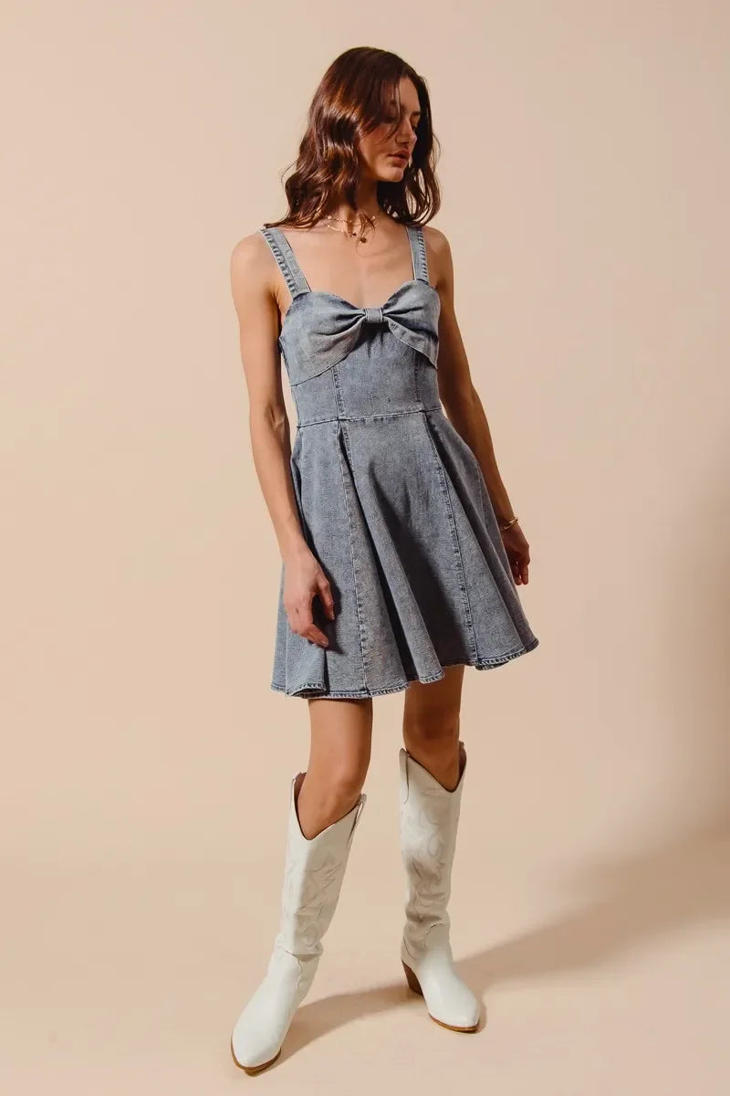 Mineral Washed Bow Ribbon Denim Flare Dress - Eva's Edition