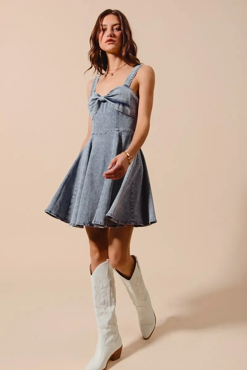 Mineral Washed Bow Ribbon Denim Flare Dress - Eva's Edition