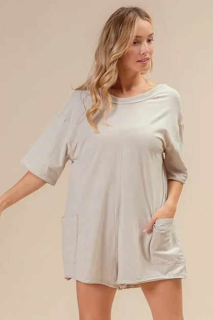 Short Sleeve Back Open Washed Romper - Eva's Edition