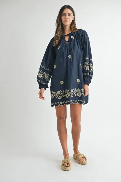 Embroidered Long Sleeve Peasant Mini Dress - Eva's Edition