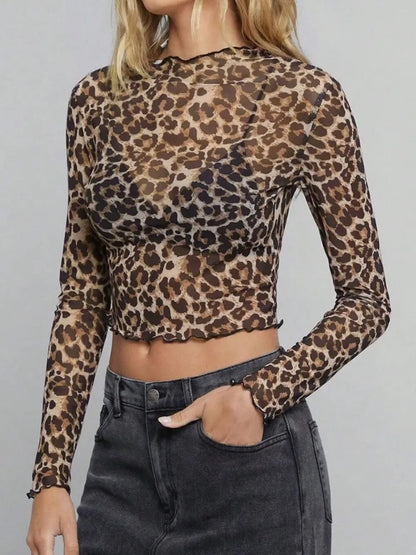 Leopard Mock Neck Long Sleeve Sheer Top - Eva's Edition