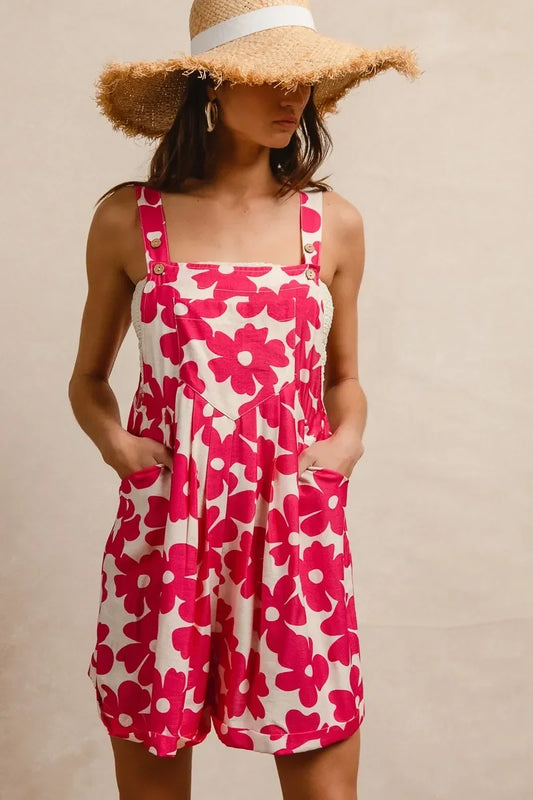 Floral Prints Tuck Detail Short Overall With Pockets - Eva's Edition