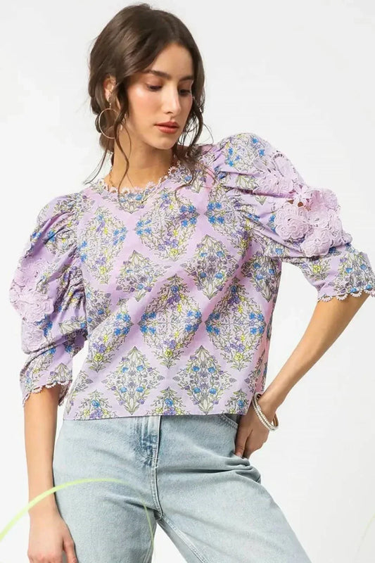 Printed Lace Puff Sleeve Blouse - Eva's Edition