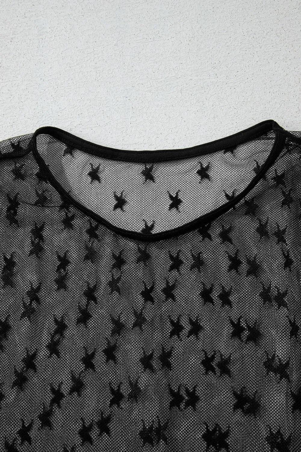Star Round Neck Long Sleeve Sheer Blouse - Eva's Edition