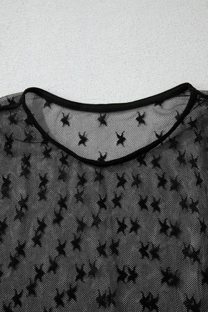 Star Round Neck Long Sleeve Sheer Blouse - Eva's Edition