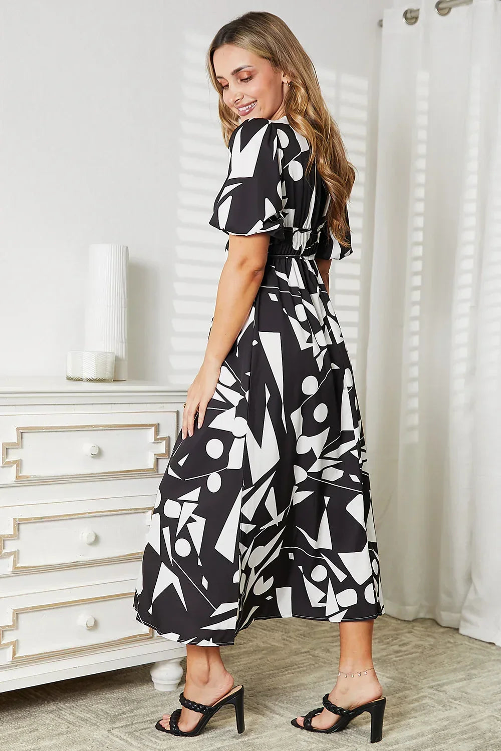 Printed Surplice Balloon Sleeve Dress - Eva's Edition