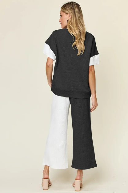 Textured Contrast T-Shirt and Wide Leg Pants Set - Eva's Edition