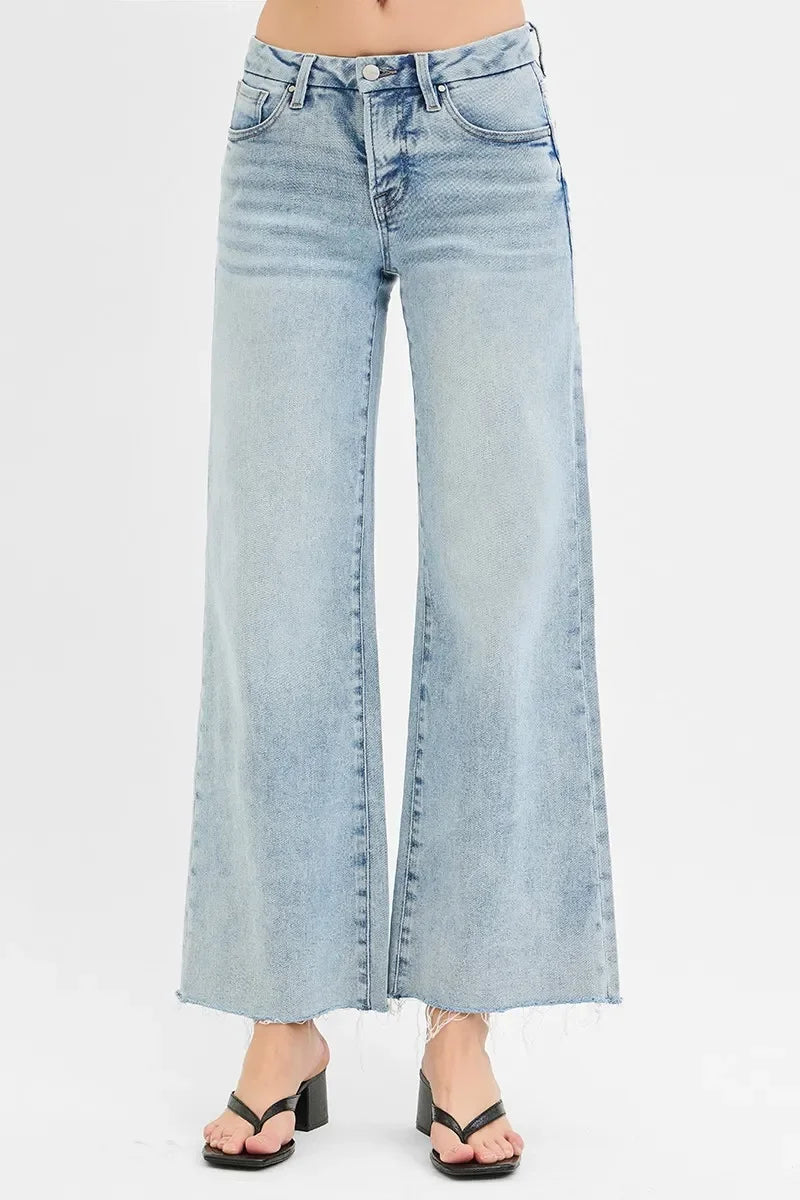 Tummy Control Low Rise Wide Leg Raw Cut Hem Jeans - Eva's Edition
