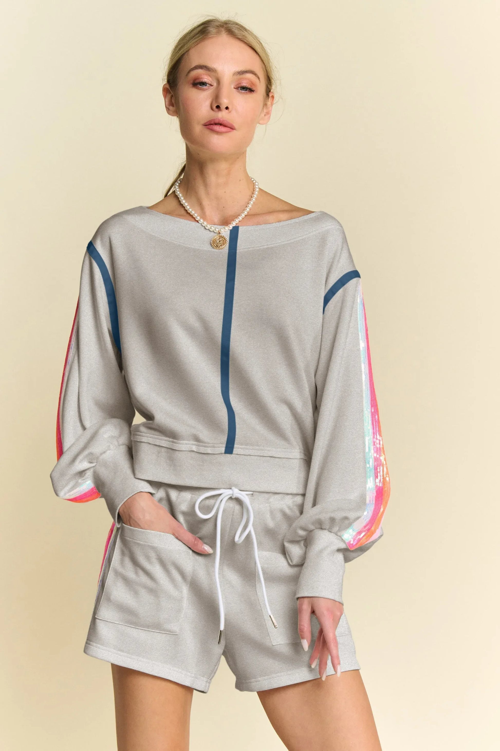 Sequin Stripe Long Sleeve Top And Short Pants Set - Eva's Edition