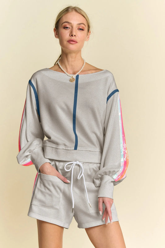 Sequin Stripe Long Sleeve Top And Short Pants Set - Eva's Edition