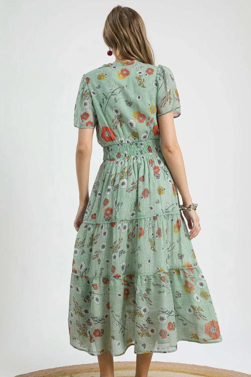 Smocked Waist Floral Short Sleeve Midi Dress - Eva's Edition