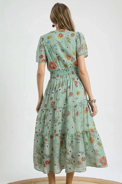 Smocked Waist Floral Short Sleeve Midi Dress - Eva's Edition