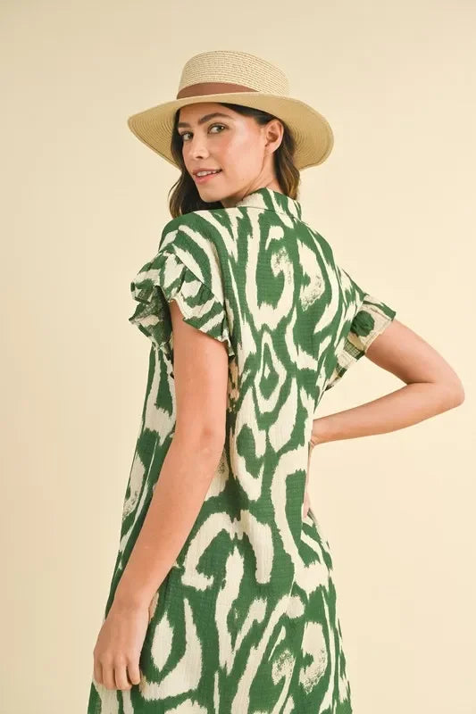 Abstract Printed Frill Sleeve Shirt Mini Dress - Eva's Edition