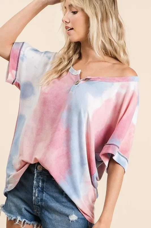Dye French Terry Top With Buttoned Placket - Eva's Edition