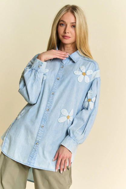 Lightweight Washed Daisy Patch Waffle Knit Shirt - Eva's Edition