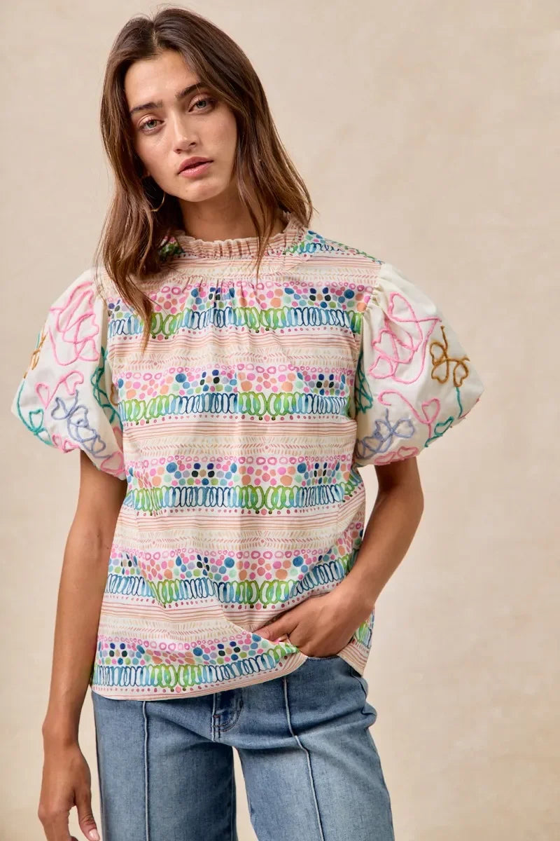 Ruffle Neckline Blouse with Embroidery Bubble Sleeve - Eva's Edition