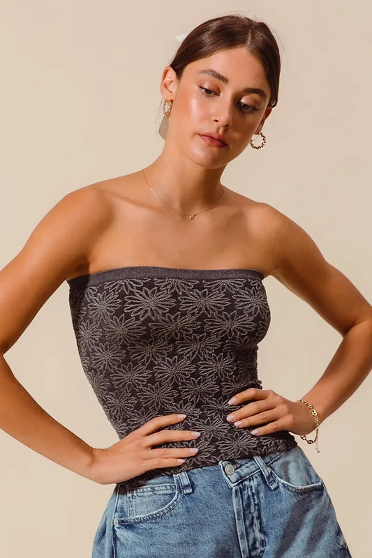 Jacquard Floral Two Tone Seamless Tube Top - Eva's Edition