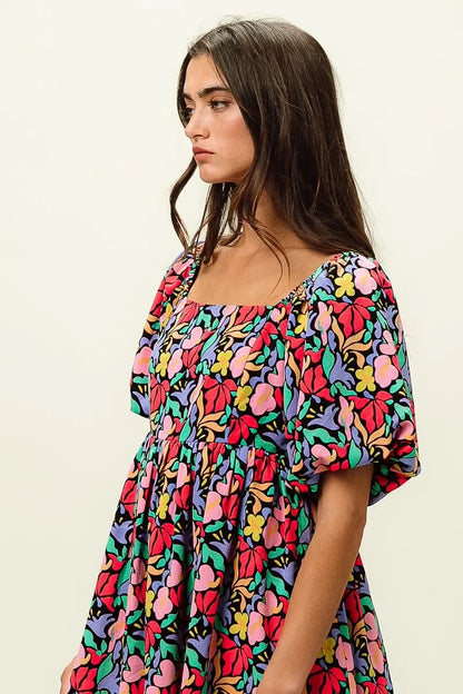 Floral Print Puff Square Neck Dress - Eva's Edition