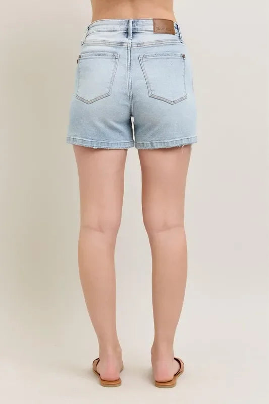 Frayed Hem High Rise Denim Shorts with Pockets - Eva's Edition