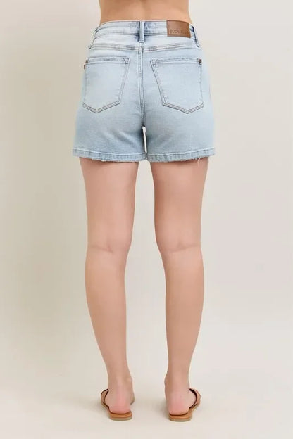 Frayed Hem High Rise Denim Shorts with Pockets - Eva's Edition
