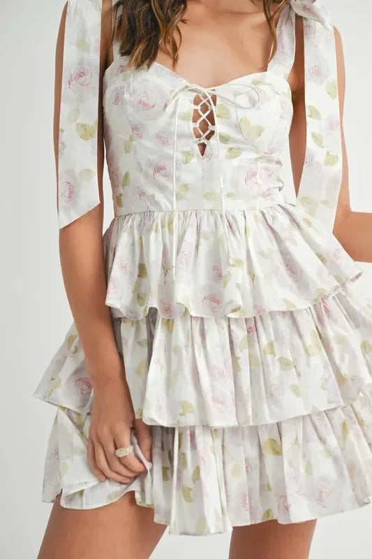 Floral Print Shoulder Tie Layered Mini Dress - Eva's Edition