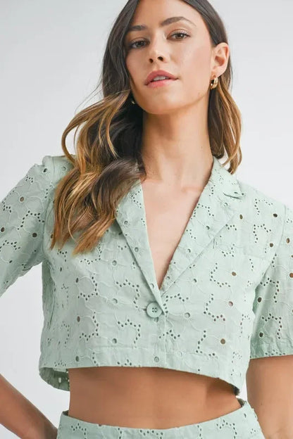 Eyelet Short Sleeve Crop Top and Shorts Set - Eva's Edition