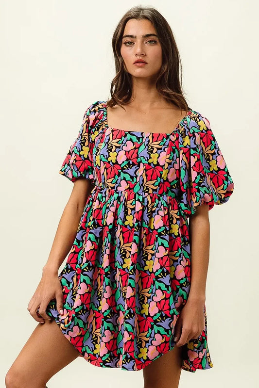 Floral Print Puff Square Neck Dress - Eva's Edition