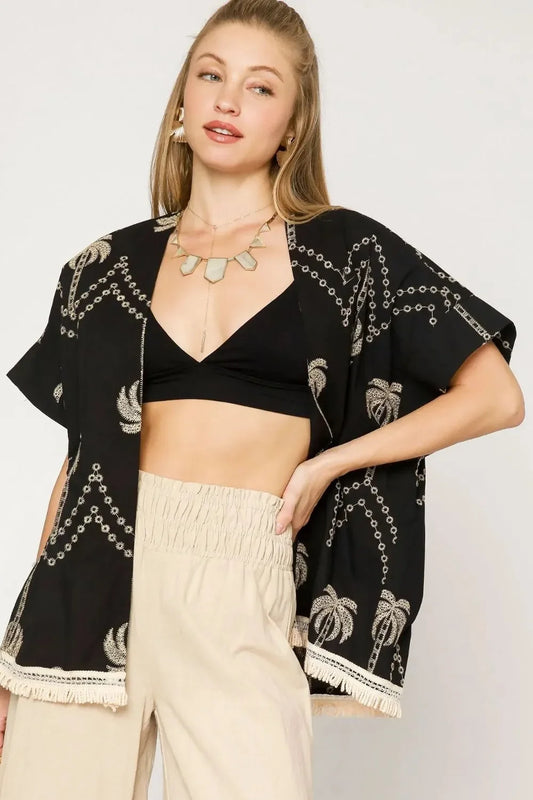 Open Front Embroidered Fringe Kimono - Eva's Edition