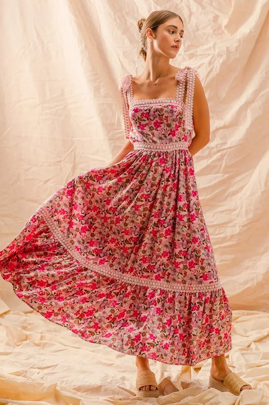 Floral Maxi Dress With Ribbon Tie Lace Strap - Eva's Edition