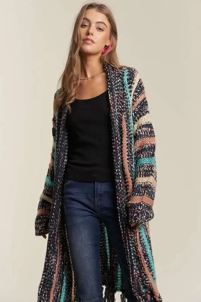 Multi Colour Sweater Long Cardigan with Fringes - Eva's Edition