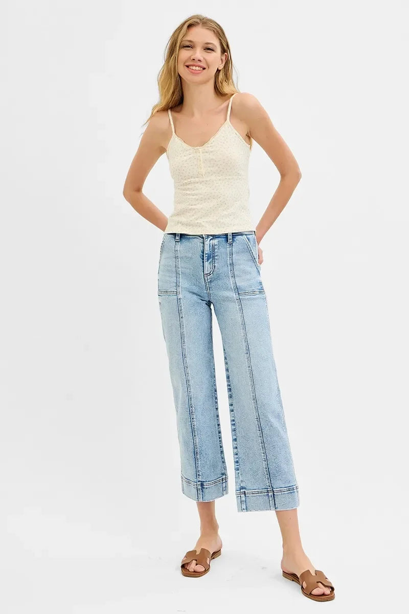 High Rise Crop Wide Front Seam Detailed Jeans Plus Size - Eva's Edition
