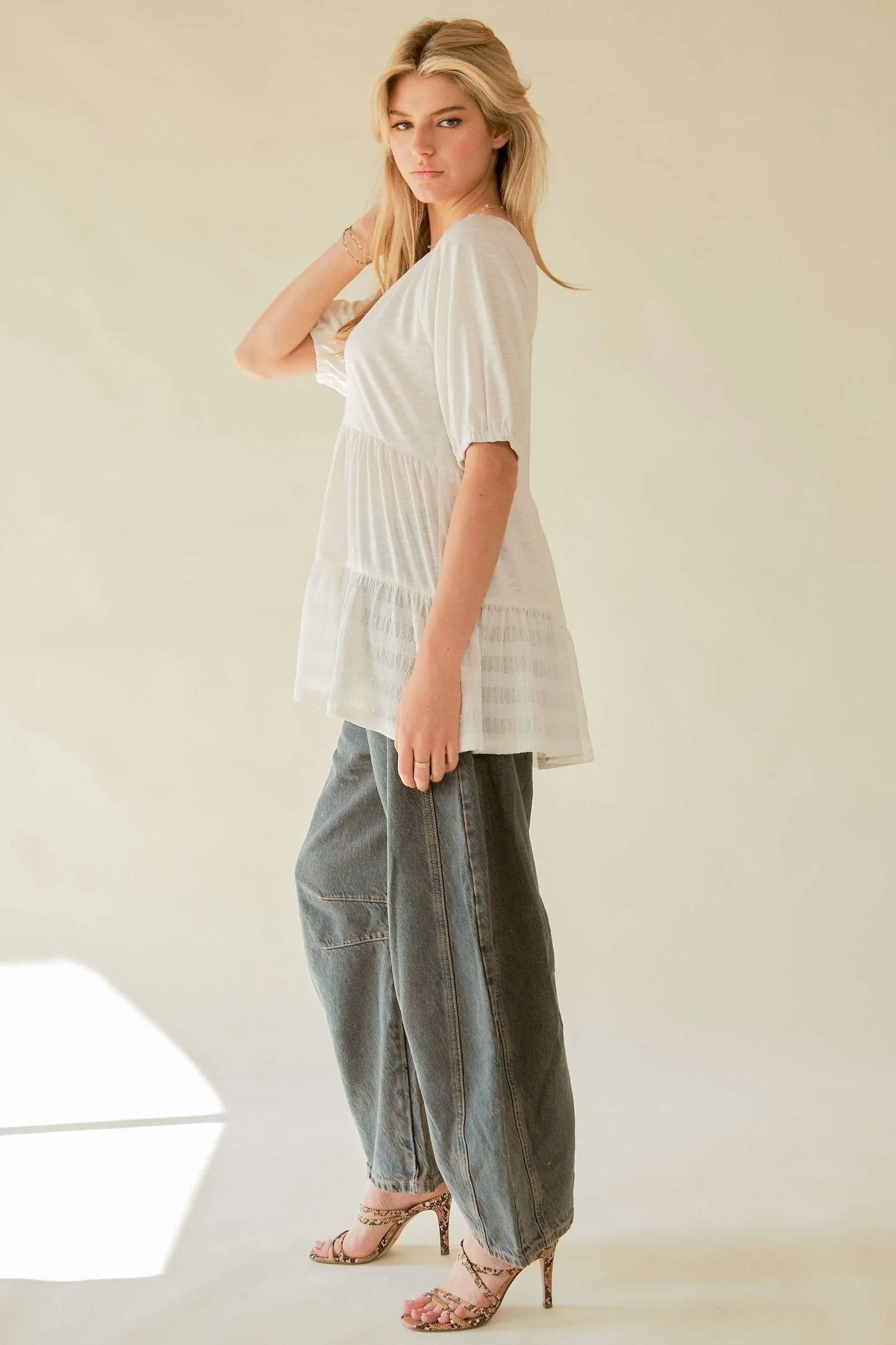 Flared Short Sleeve V Neck Blouse - Eva's Edition