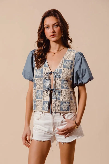 Crochet Lace Tie Front V Neck Blouse Top - Eva's Edition