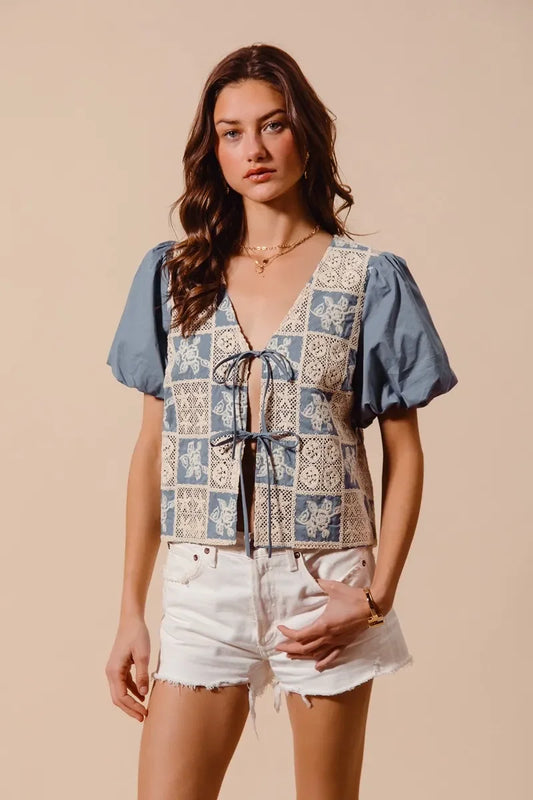 Crochet Lace Tie Front V Neck Blouse Top - Eva's Edition