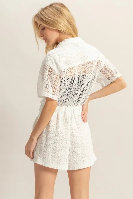 Crochet Button Front Short Sleeve Romper - Eva's Edition