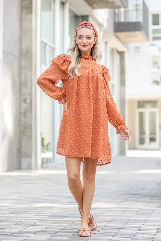Lovely Ruffle Shoulder with Textured Woven Dress - Eva's Edition
