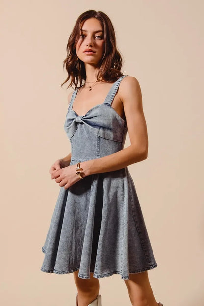 Mineral Washed Bow Ribbon Denim Flare Dress - Eva's Edition