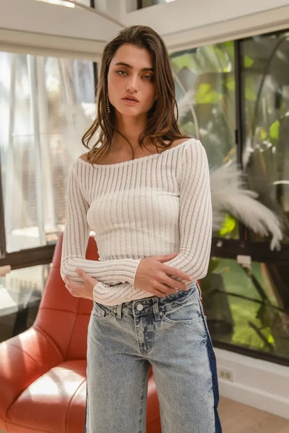 Textured Sheer Boat Neck Top - Eva's Edition