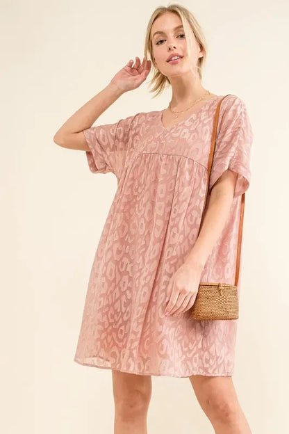 Woven Leopard Baby Doll Roll-Sleeve Casual Dress - Eva's Edition