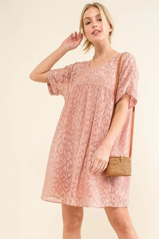 Woven Leopard Baby Doll Roll-Sleeve Casual Dress - Eva's Edition
