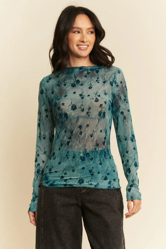 Floral Mesh Long Sleeve Sheer Layering Top - Eva's Edition